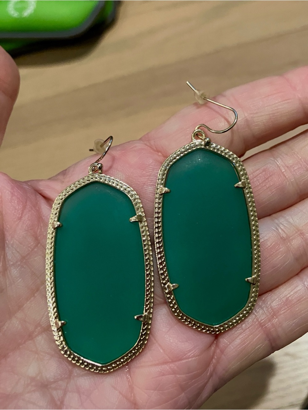 Kendra Scott Teal Green Gold-Trim Ellipse Dangle Earrings